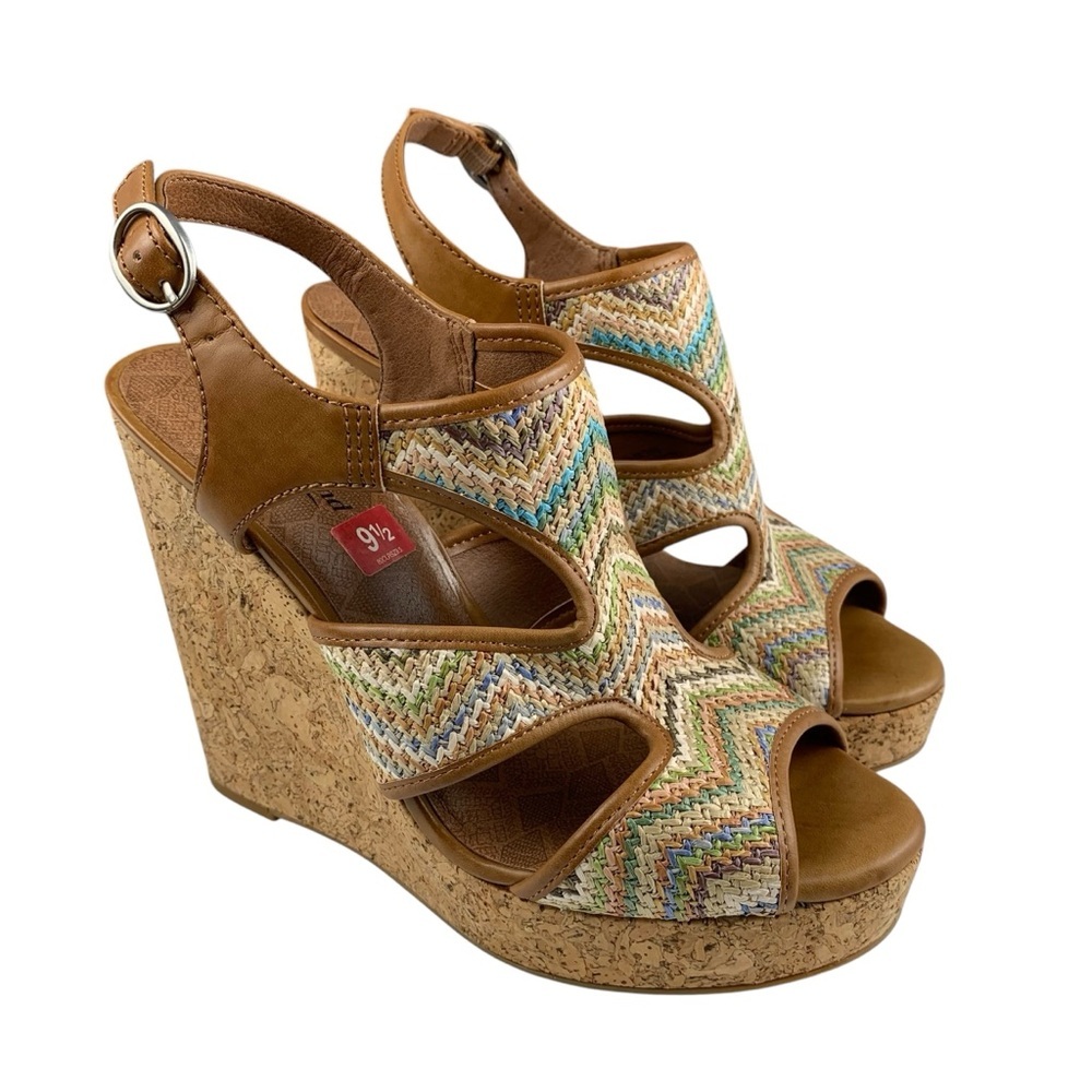 Lucky Brand Tan and Blue Wedge Sandals with Strappy Design